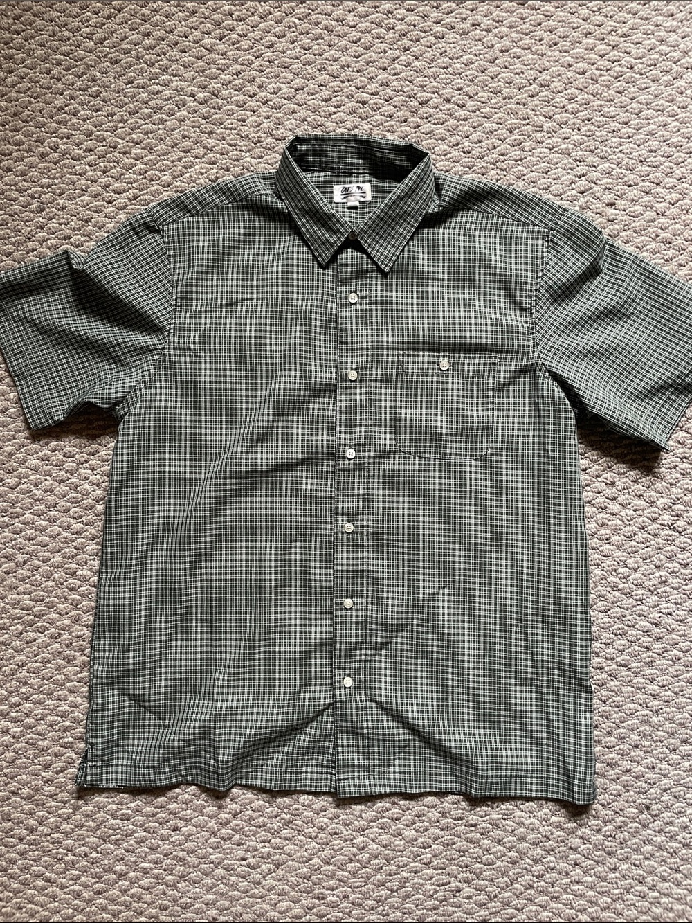 Green striped short sleeve button up shirt